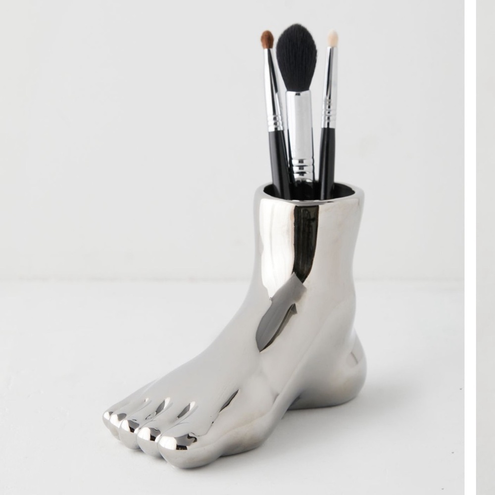 Silver Chrome Foot-Shaped Pen Holder Catch All Dish